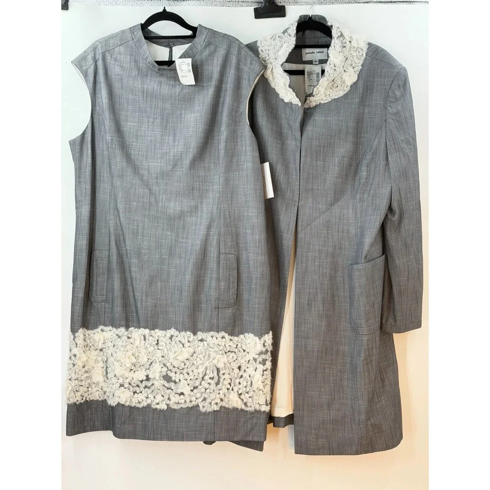 Pamella Roland 2 Pc Dress Coat Set Womens 18 Gray Luxe Floral Lace Trim Evening